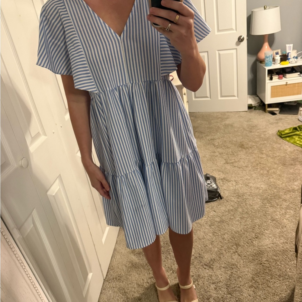 Molly Bracken Blue and White Tiered Flutter Sleeve Sundress